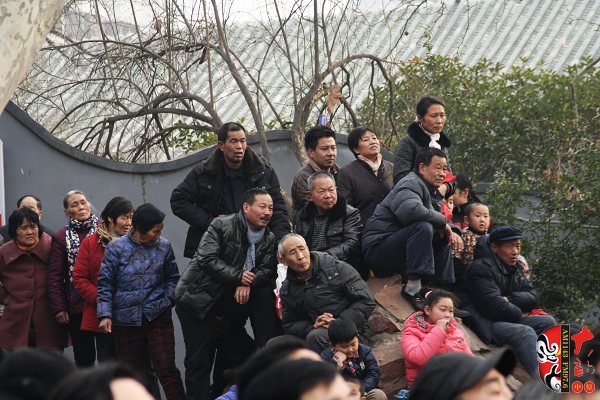 人民公園演出現(xiàn)場擠滿了觀眾，圖為觀眾爬上假山山頭