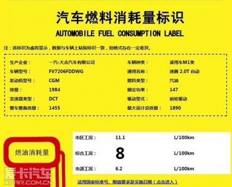 速騰GLI汽車燃料消耗量標(biāo)識
